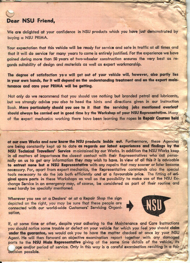 1956 NSU Prima Guarantee card