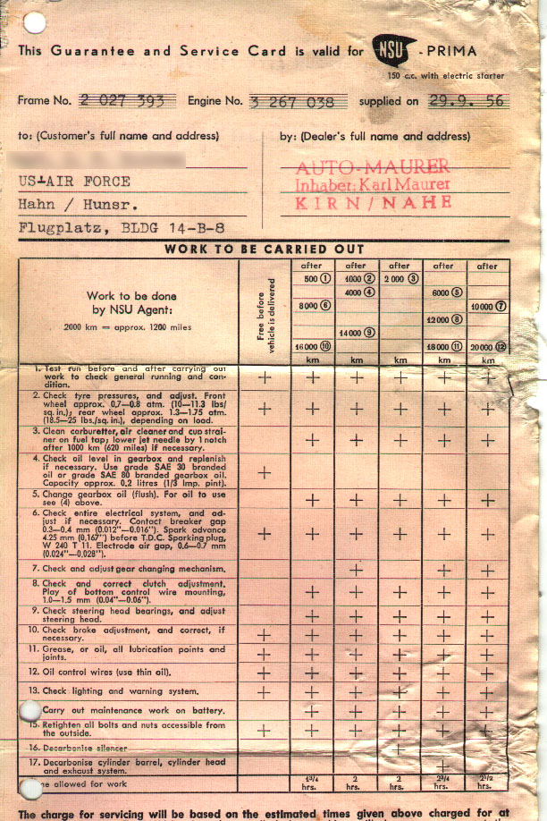 1956 NSU Prima Guarantee card